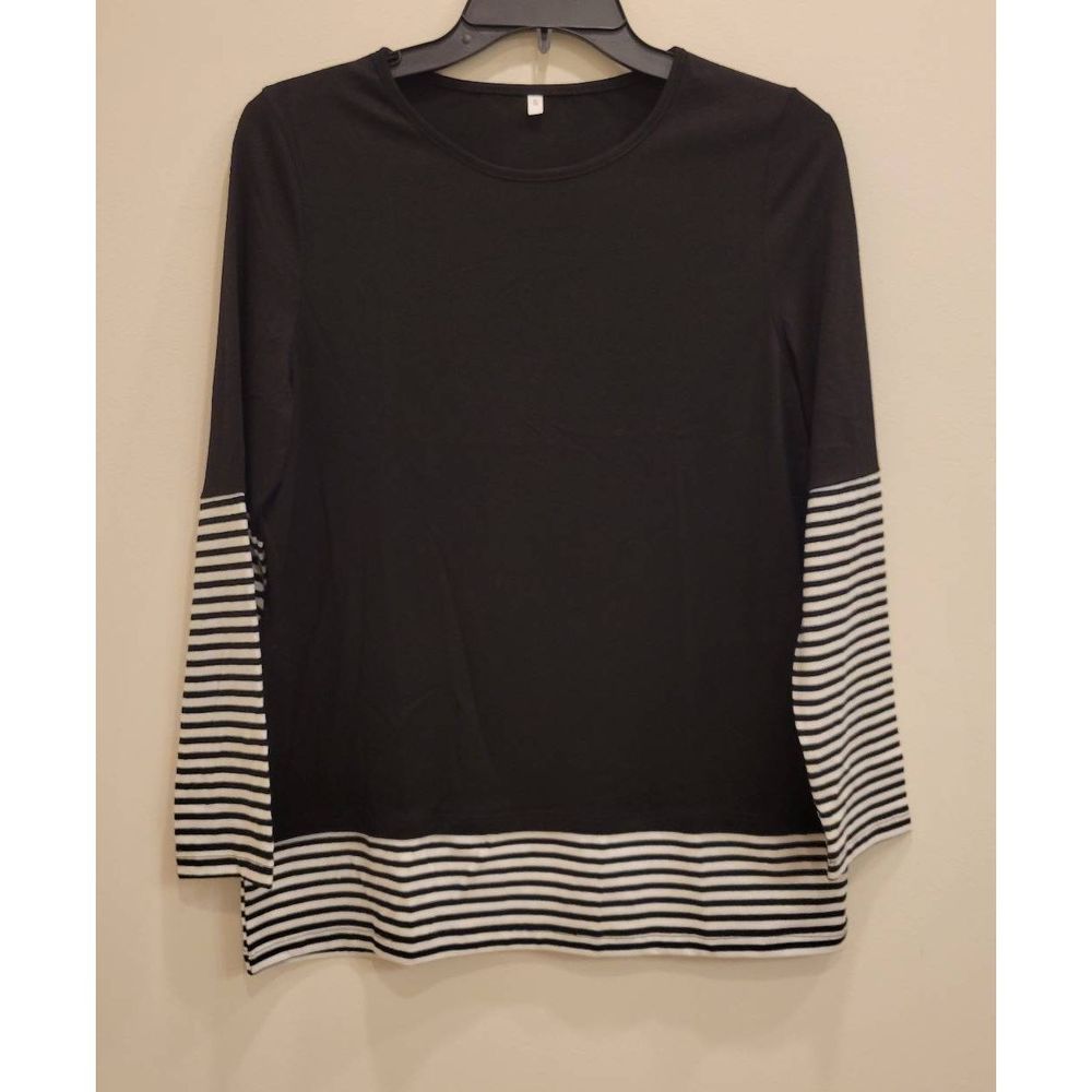 Women's Casual Long Sleeve Top Crew Neck Striped Sz Small Black/White